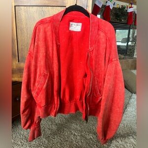 We The Free Red Bomber Jacket with Ribbed Cuffs
